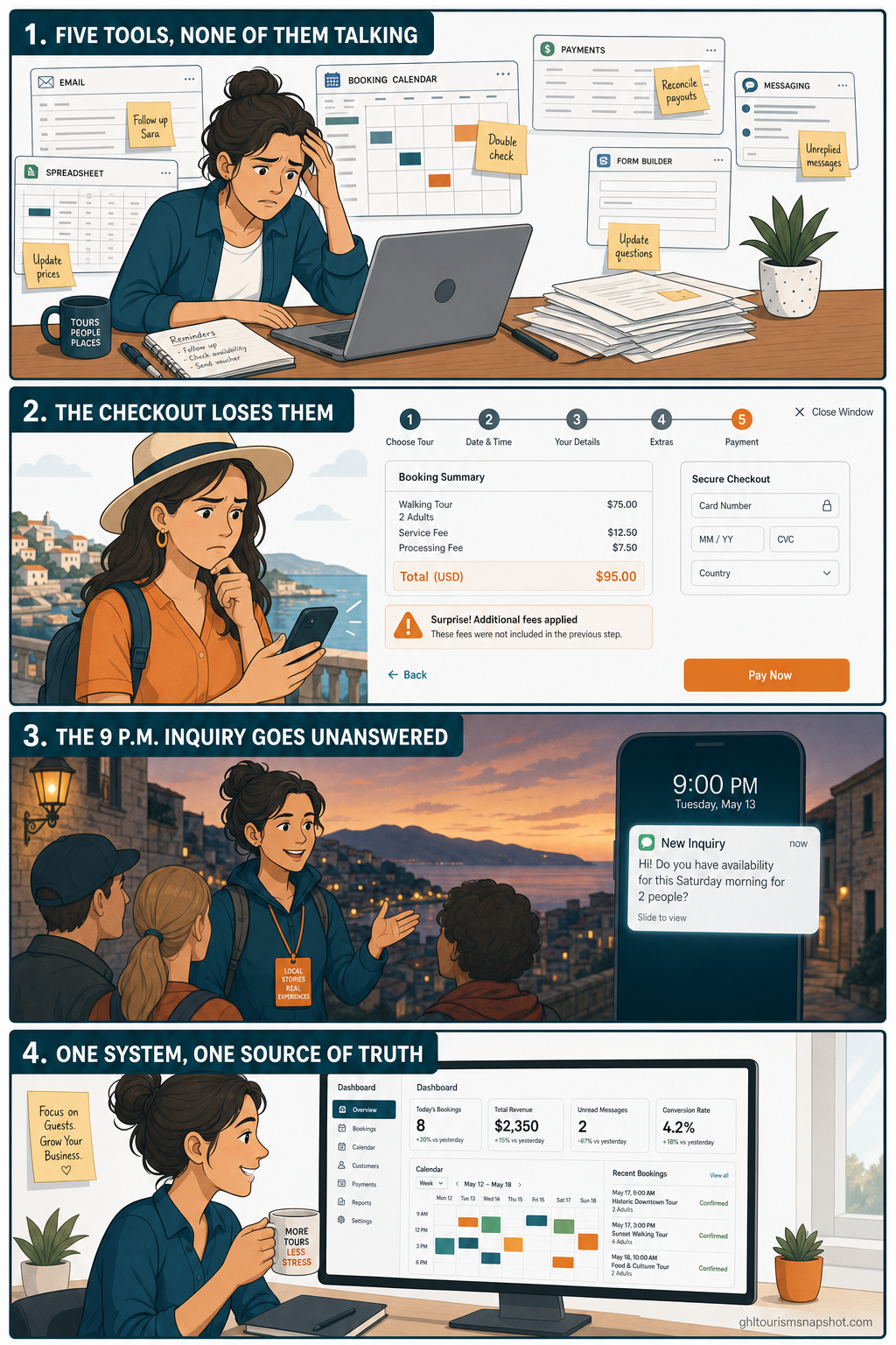 Four-panel comic reel of a Raleigh tour operator: panel one drowning in browser tabs and spreadsheets captioned 'Five tools, none of them talking', panel two a traveler abandoning a clunky checkout, panel three a missed late-night booking inquiry, panel four the same operator relaxed with one unified custom booking dashboard captioned 'One system, one source of truth', in deep teal and warm amber brand colors