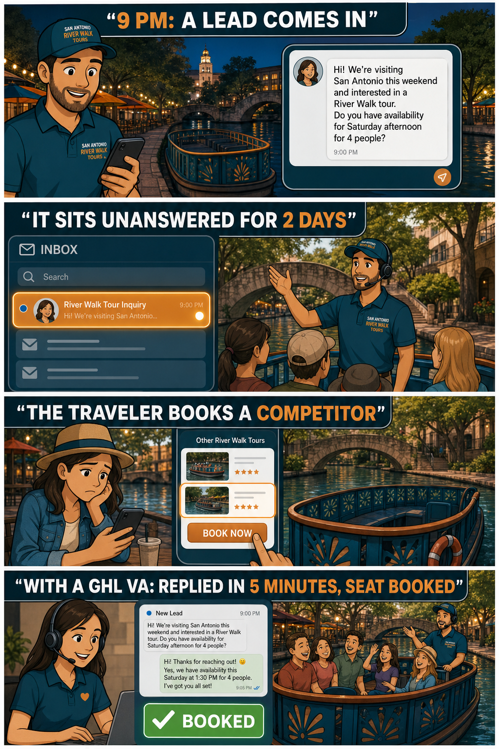 Vertical four-panel comic reel of a San Antonio River Walk tour operator: panel 1 'A lead comes in at 9 PM,' panel 2 'It sits unanswered for two days,' panel 3 'The traveler books a competitor,' panel 4 'With a GHL VA: replied in 5 minutes, seat booked' — in teal and amber brand colors