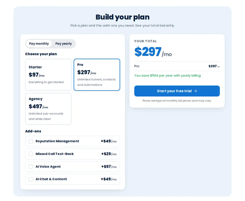 Price builder calculator template with options and a running total