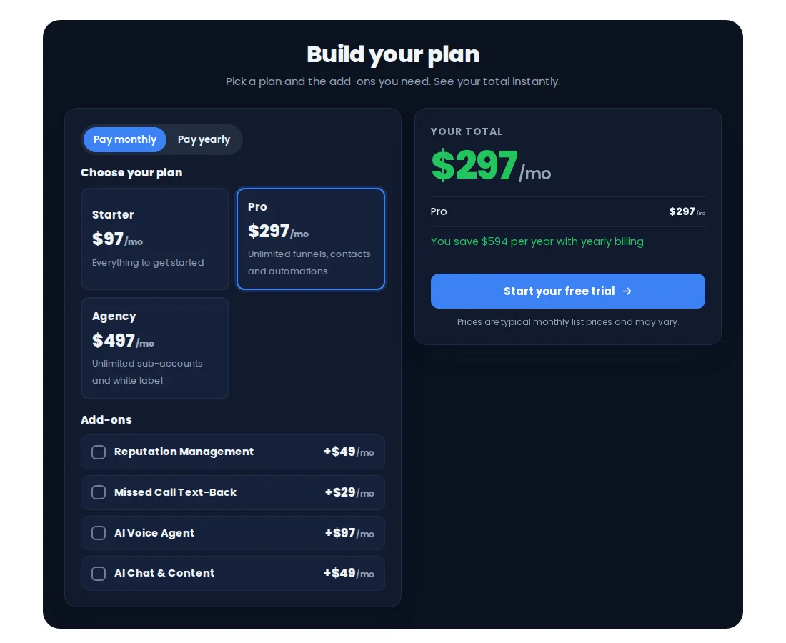 Dark price builder calculator template with options and a running total