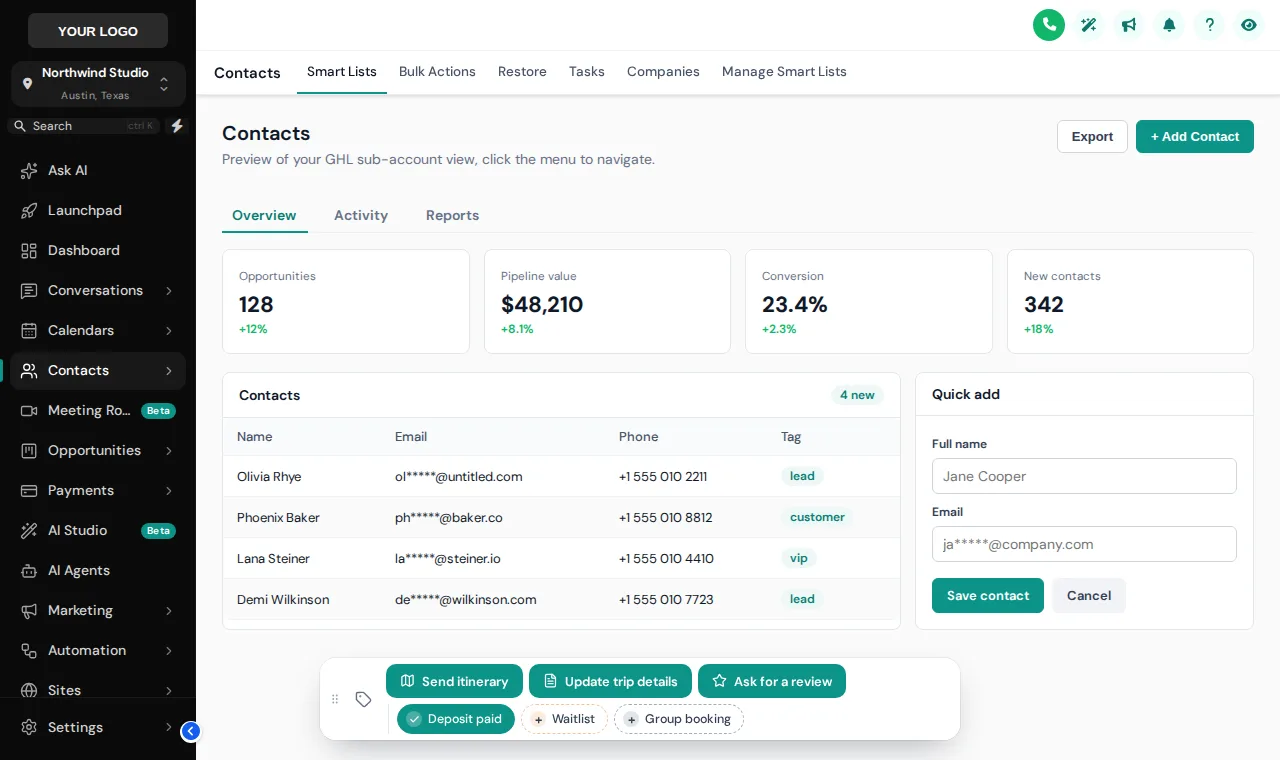 Contact actions bar with tour quick tags and buttons along the bottom of a sample contact page