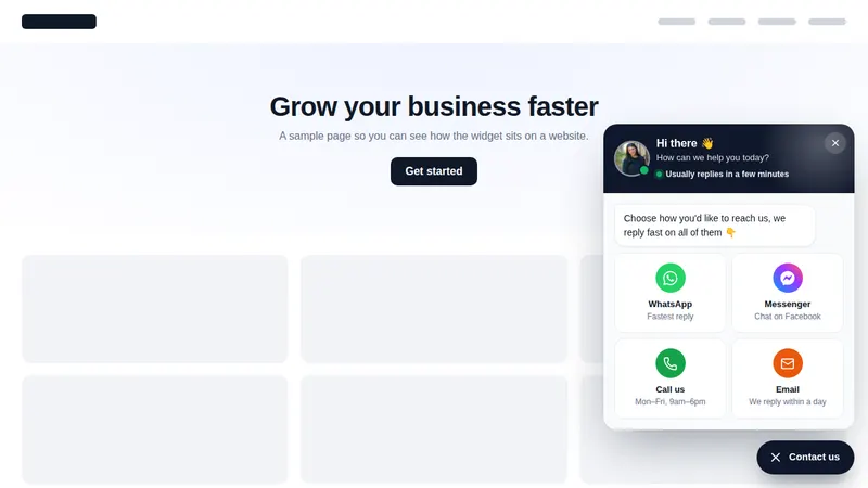 Pill-shaped Contact us floating widget opened on a sample website