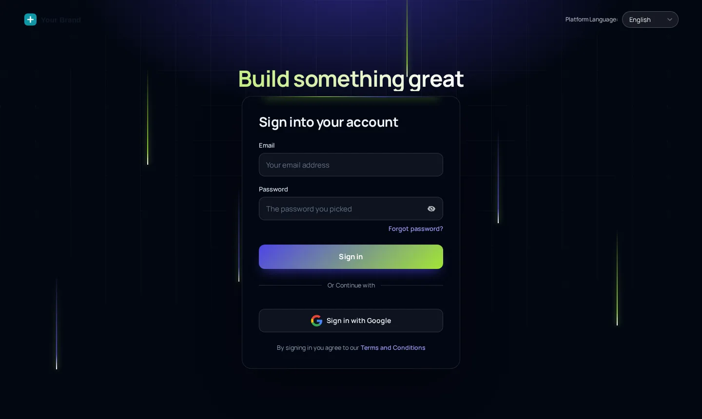 Light beams login design on a dark background