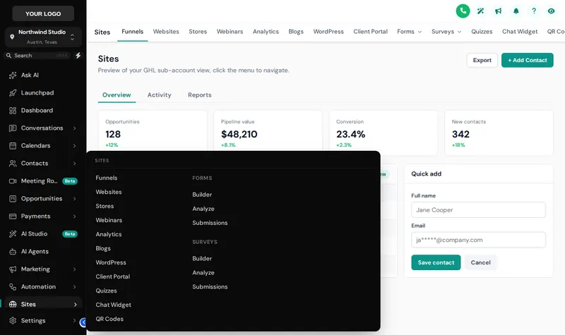 Mega menu in the Columns style opened from the GoHighLevel sidebar