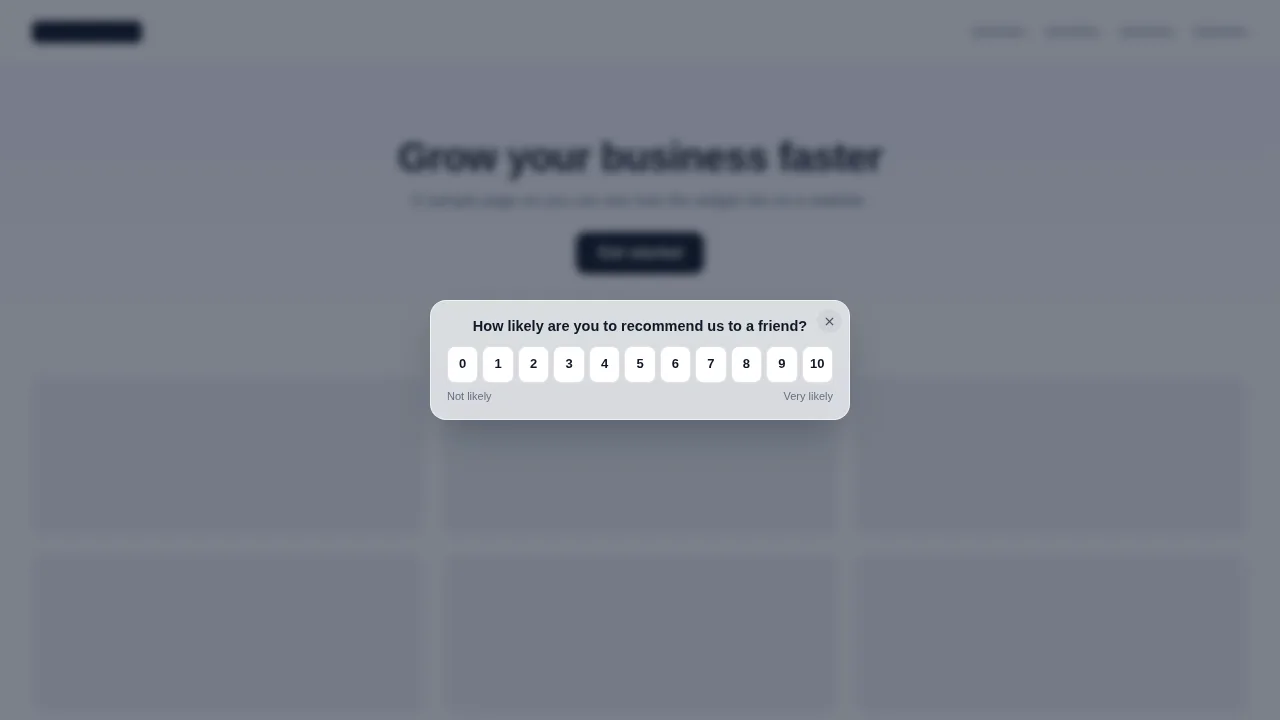 NPS modal asking how likely a visitor is to recommend, with a 0 to 10 scale